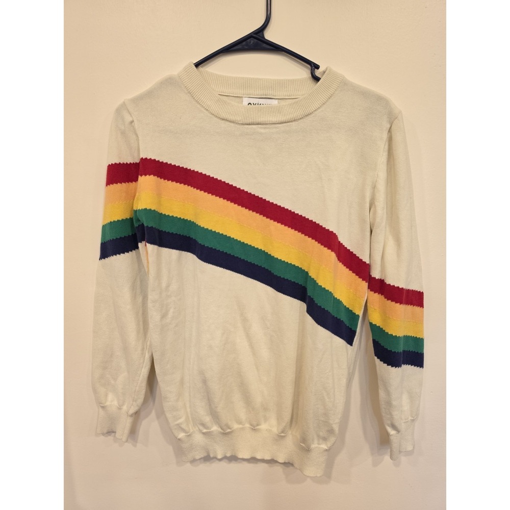 OXKNIT Rainbow Stripe Sweater Cream Pullover Long Sleeve Retro Womens SM - Picture 1 of 4